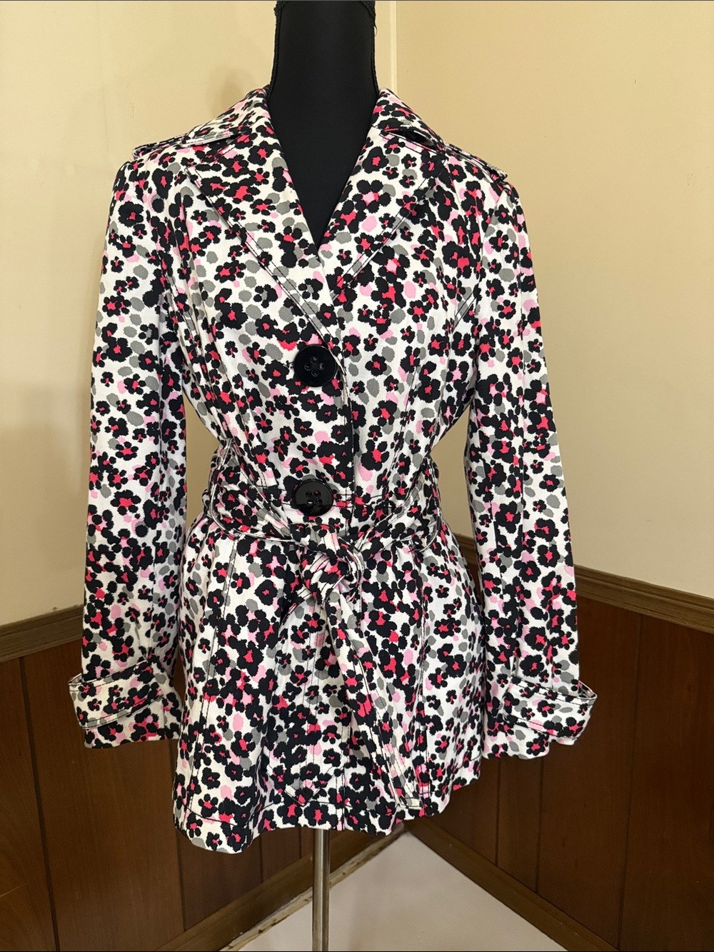 Y2K Think Tank Leopard Print Belted Trench Jacket Size M